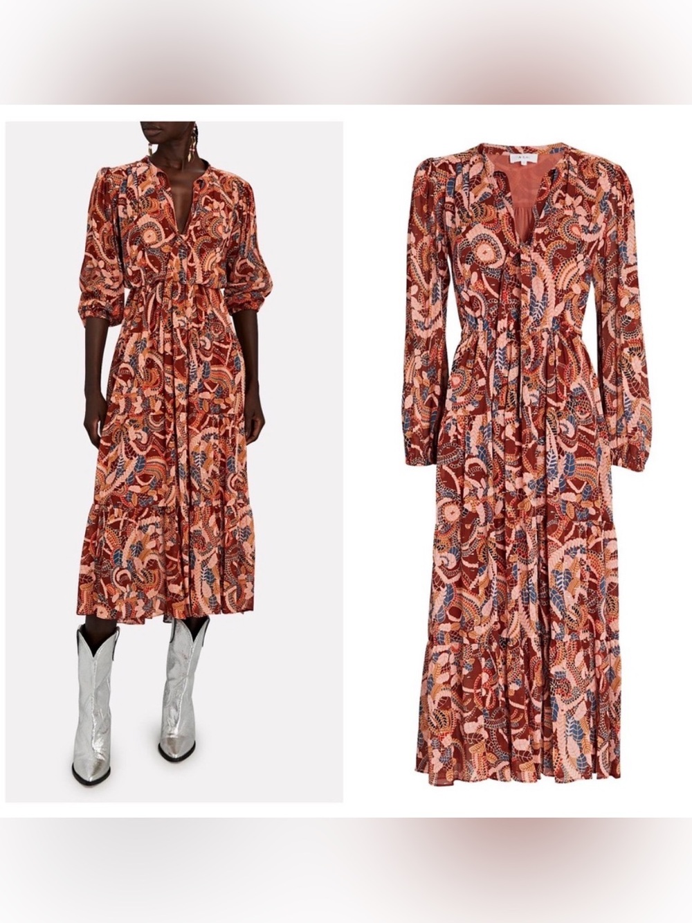 A.L.C Marlowe Silk Chiffon Midi Boho Dress Size 8